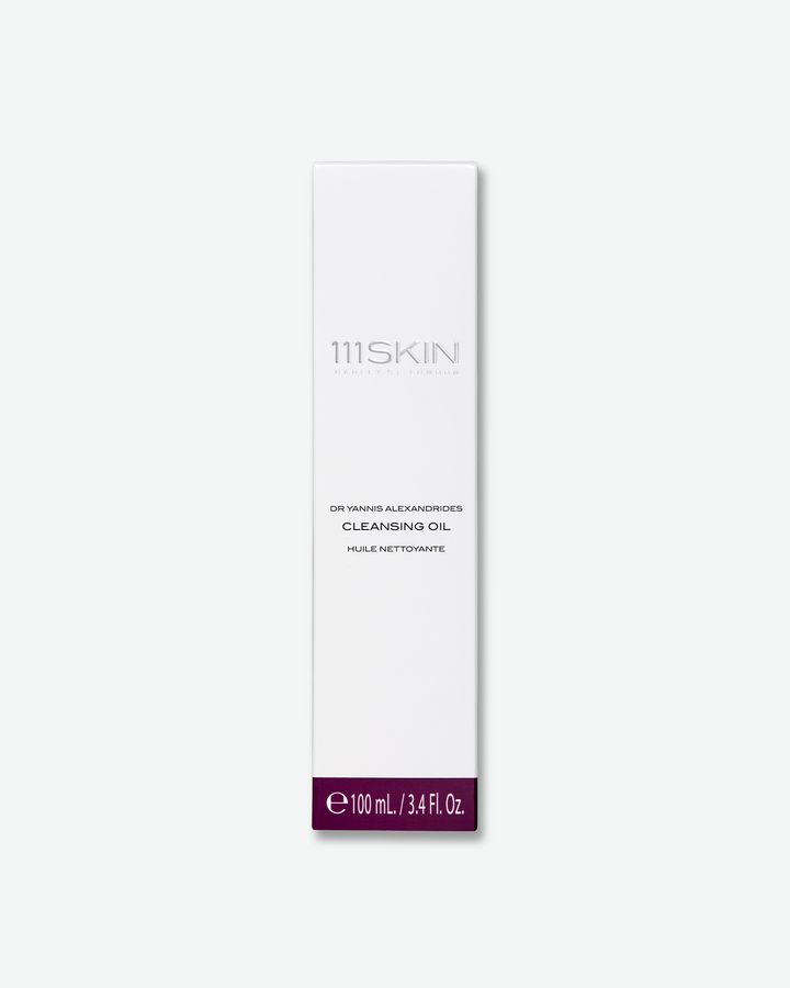 The tall white outer cardboard packaging box for the 111SKIN Cleansing Oil, displaying a volume of 100 mL.