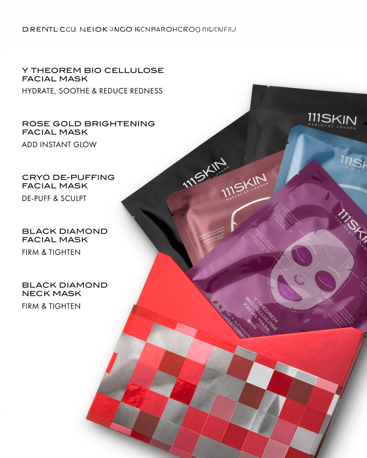 111SKIN mask assortment featuring Y Theorem Bio Cellulose, Rose Gold Brightening, Cryo De-Puffing, Black Diamond Facial, and Black Diamond Neck Masks.