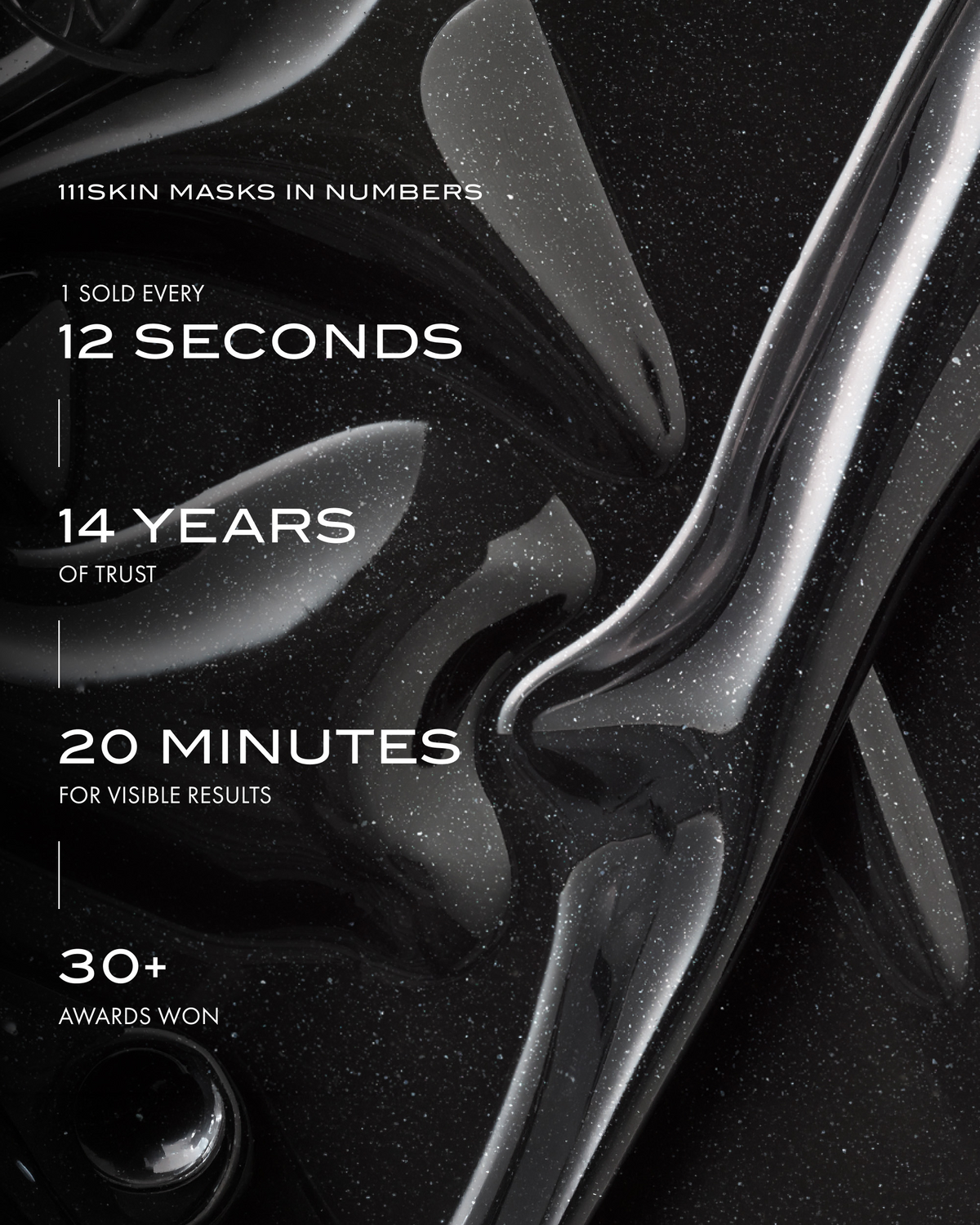 111SKIN mask collection highlighting one sold every 12 seconds, 14 years of trust, visible results in 20 minutes, and more than 30 awards won.
