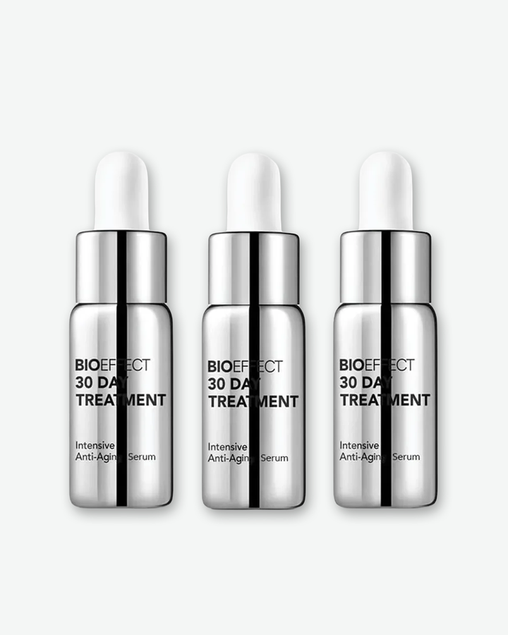 Three Bioeffect 30 Day Treatment bottles on a white background