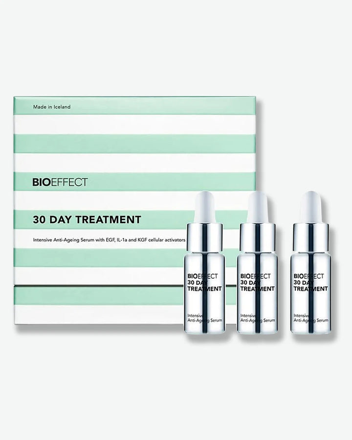 BIOEFFECT 30 Day Treatment with three serum bottles on a white background