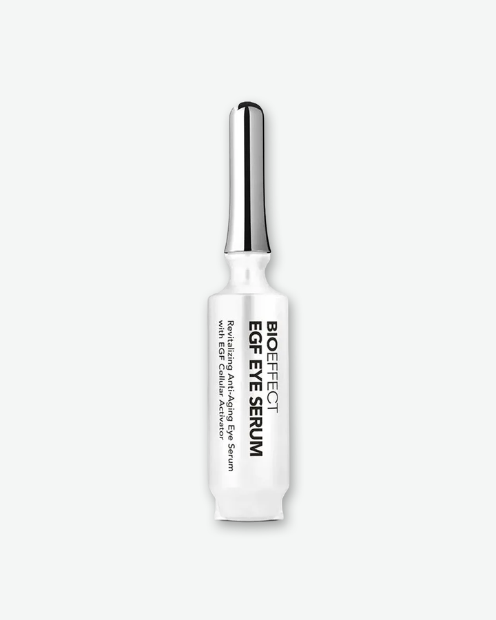 BIOEFFECT EGF Eye Serum in a sleek, white single-dose ampoule vial with a metallic silver applicator tip.