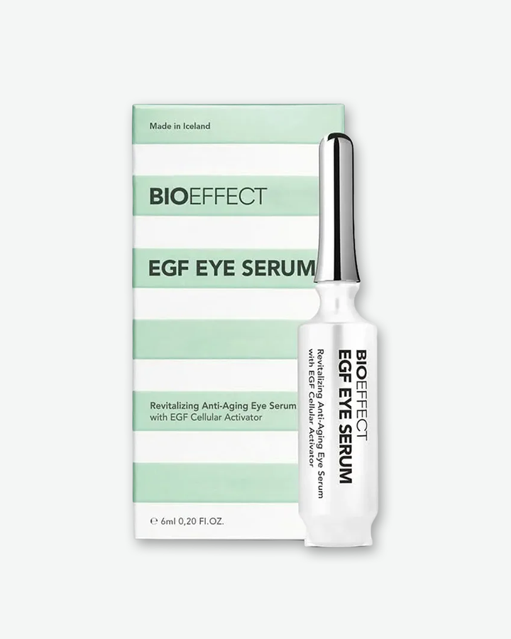 BIOEFFECT EGF Eye Serum 6ml (0.20 Fl. Oz.) in a sleek white ampoule vial with a metallic silver applicator tip, standing next to its green-and-white striped product box.