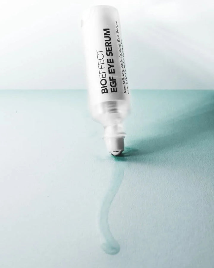 Bioeffect EGF Eye Serum bottle on a light blue background