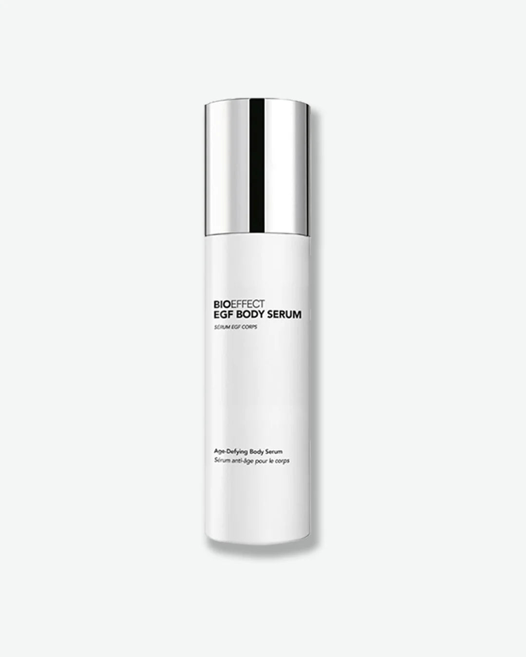 A white cylindrical bottle of BIOEFFECT EGF Body Serum with a metallic silver cap, centered against a plain light gray background.