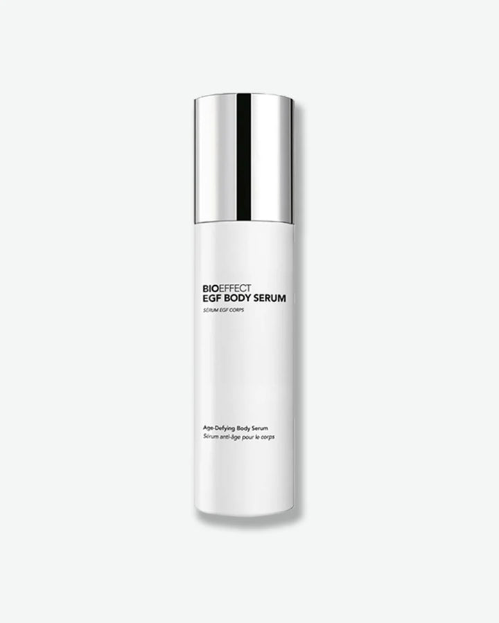 A white cylindrical bottle of BIOEFFECT EGF Body Serum with a metallic silver cap, centered against a plain light gray background.