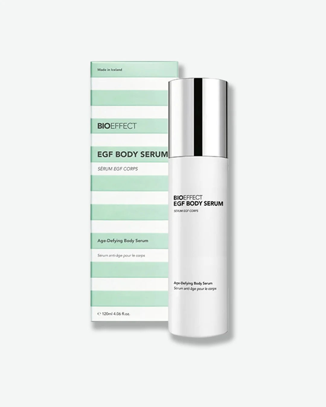 Bioeffect EGF Body Serum with a light green and white horizontally striped packaging box on a white background