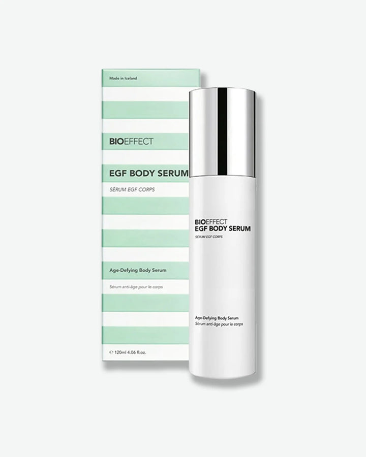 Bioeffect EGF Body Serum with a light green and white horizontally striped packaging box on a white background