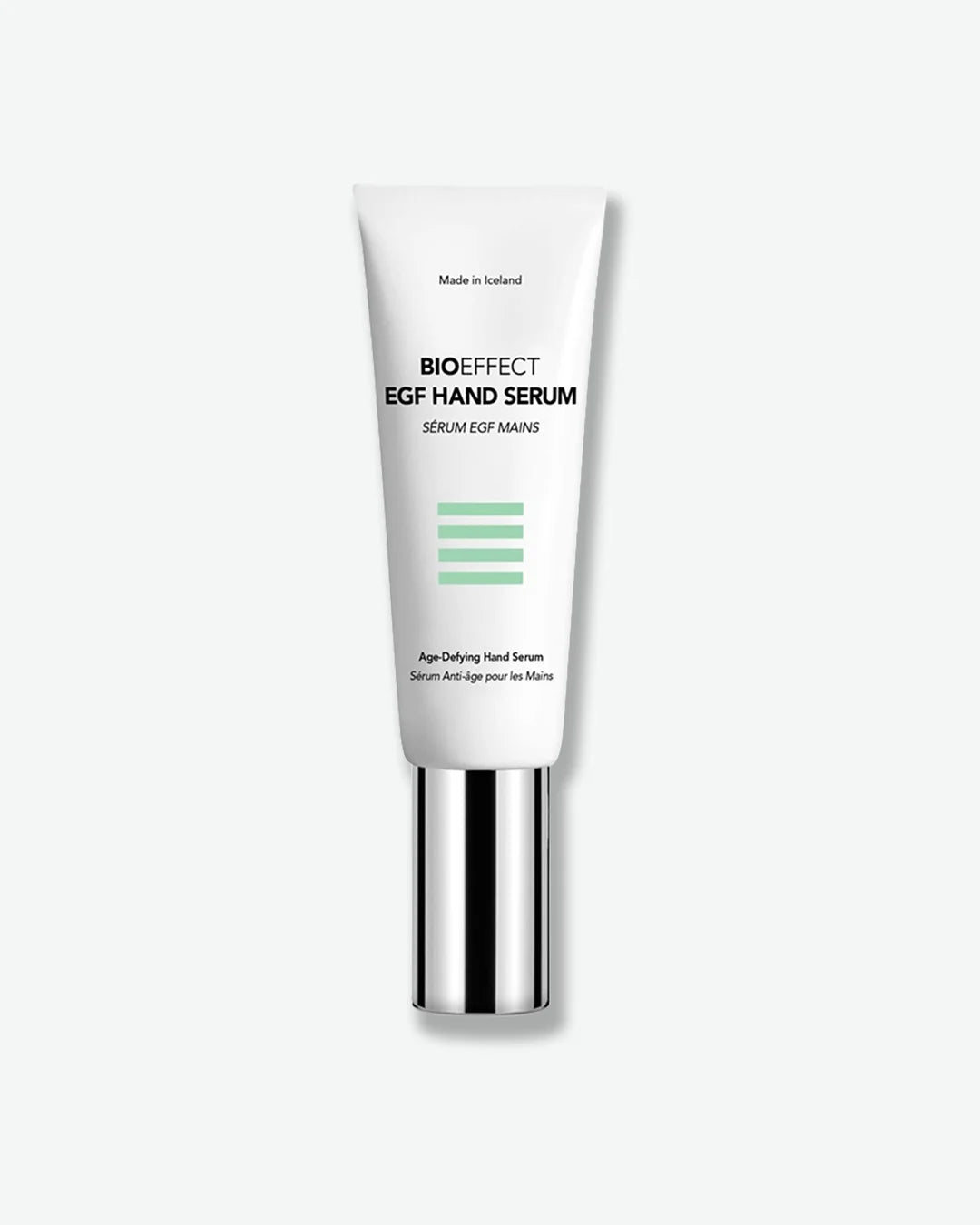 White tube with silver cap standing cap-side down with Bioeffect EGF Hand Serum printed on the front