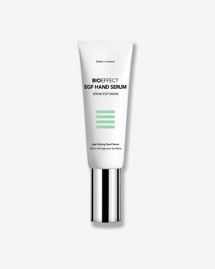 White tube with silver cap standing cap-side down with Bioeffect EGF Hand Serum printed on the front