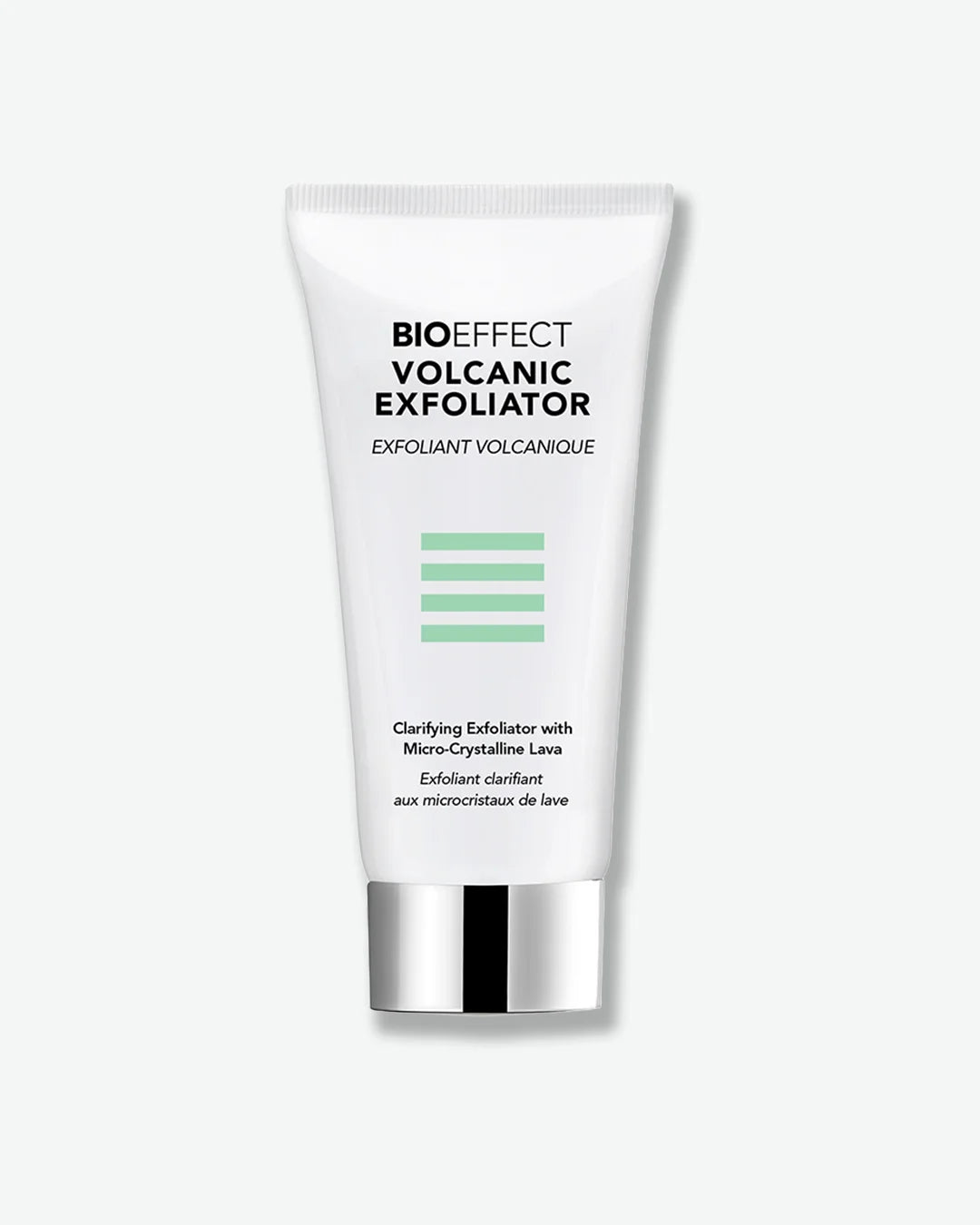 A white tube of BIOEFFECT Volcanic Exfoliator with a metallic silver cap, centered against a plain light gray background.