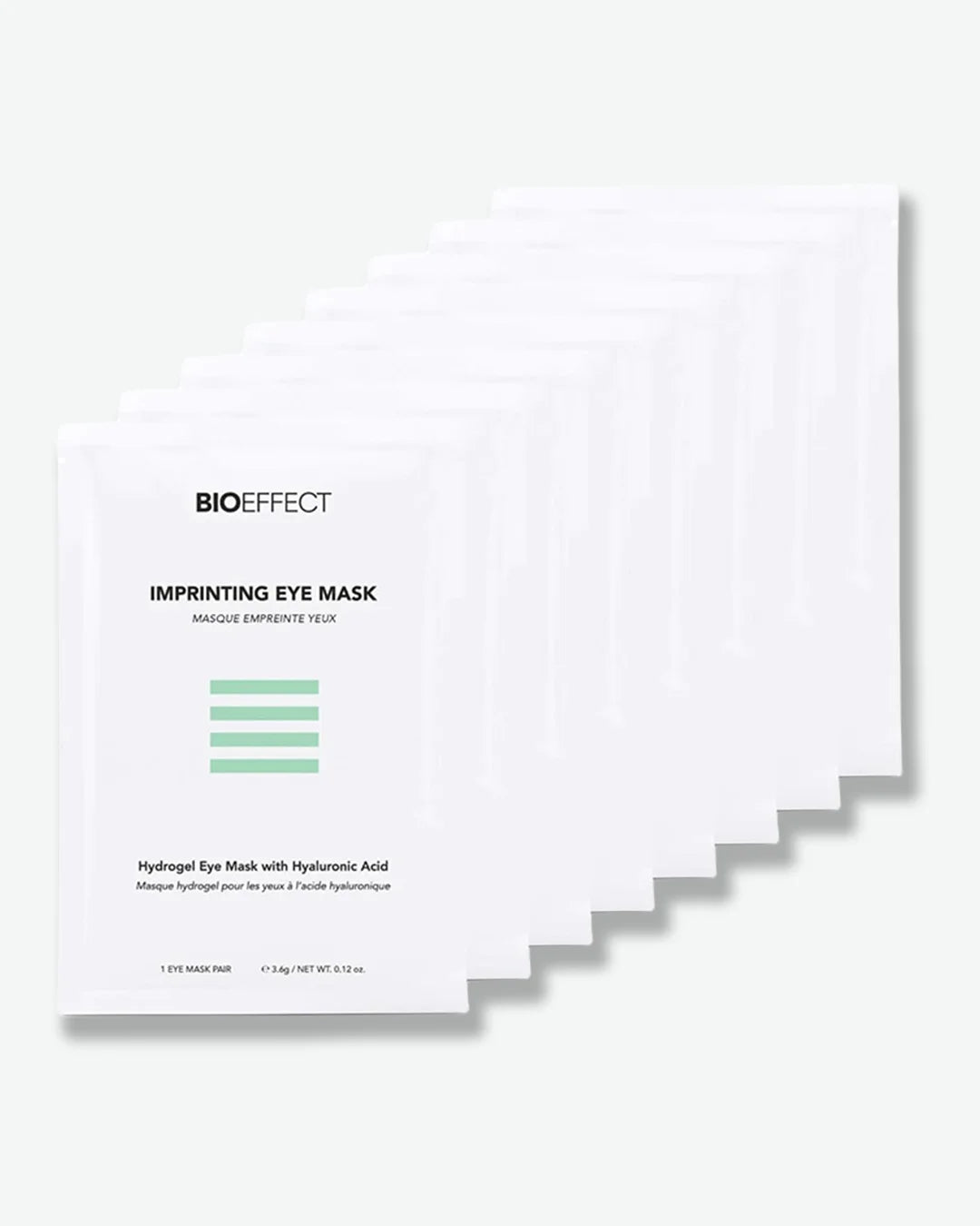 Multiple individual packets of white  BIOEFFECT Imprinting Eye Masks (single pairs) on a white background