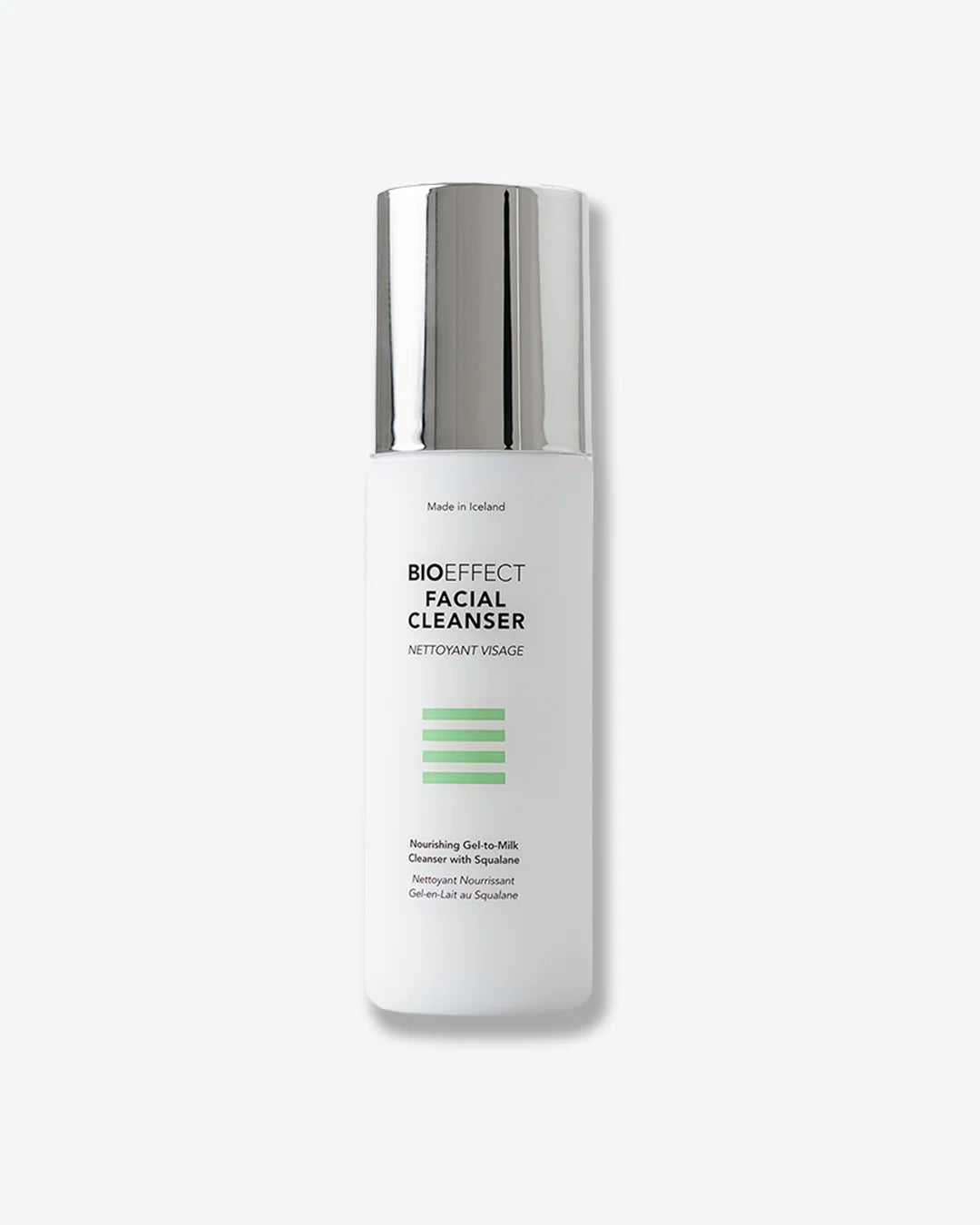 White cylindrical tube of Bioeffect Facial Cleanser with silver cap on a light grey background