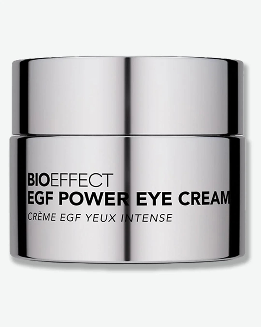 Reflective silver color jar of BIOEFFECT EGF Power Eye Cream on a white background