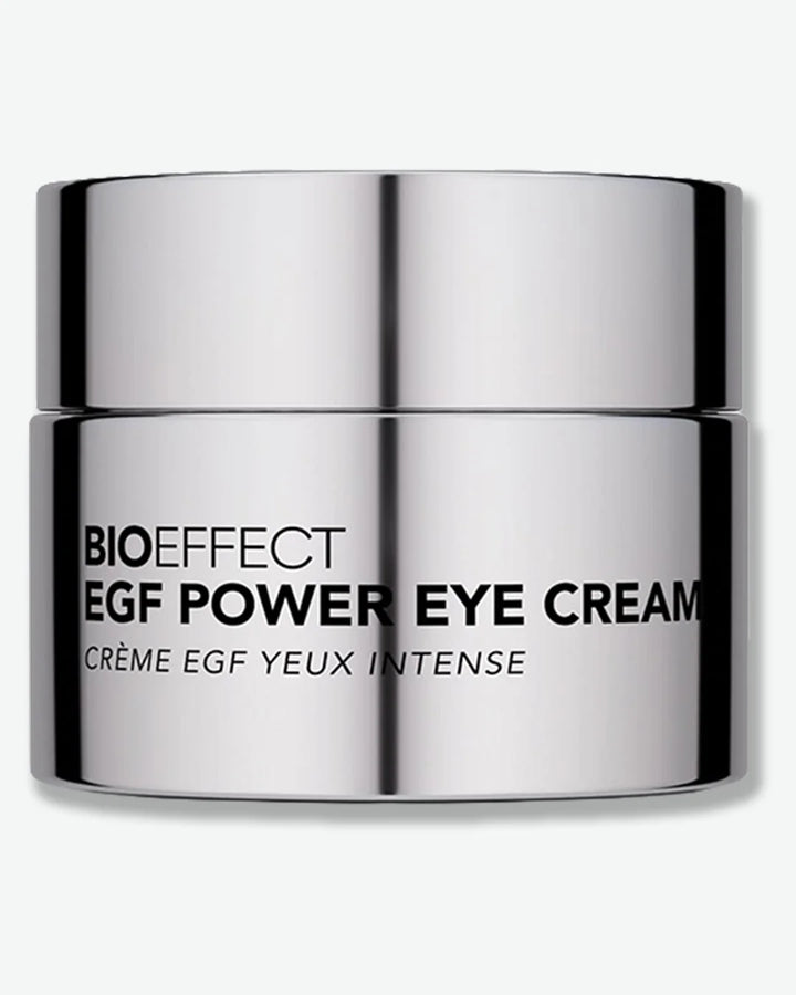 Reflective silver color jar of BIOEFFECT EGF Power Eye Cream on a white background