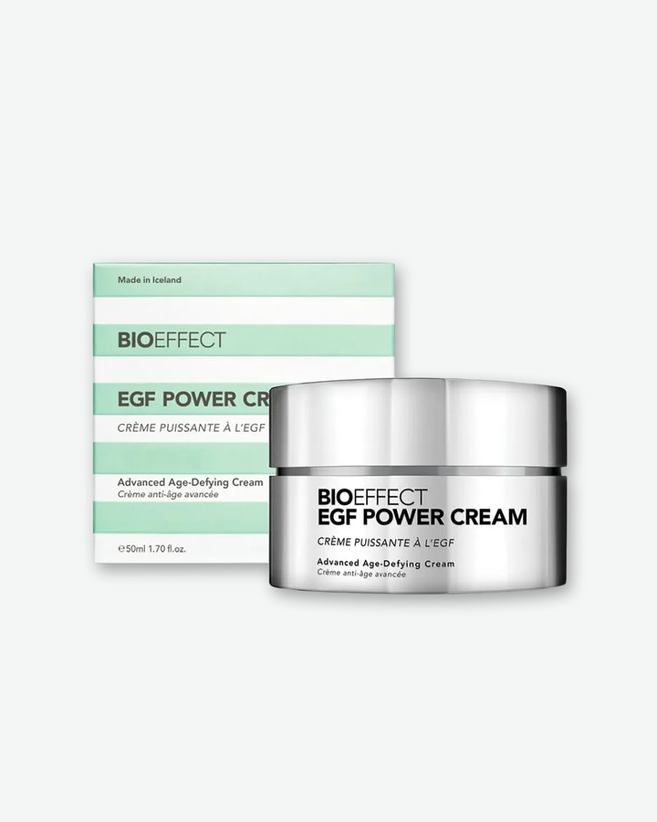BIOEFFECT EGF Power Cream 50ml (1.70 fl. oz.) in a metallic silver jar, shown next to its signature green-and-white striped outer box.
