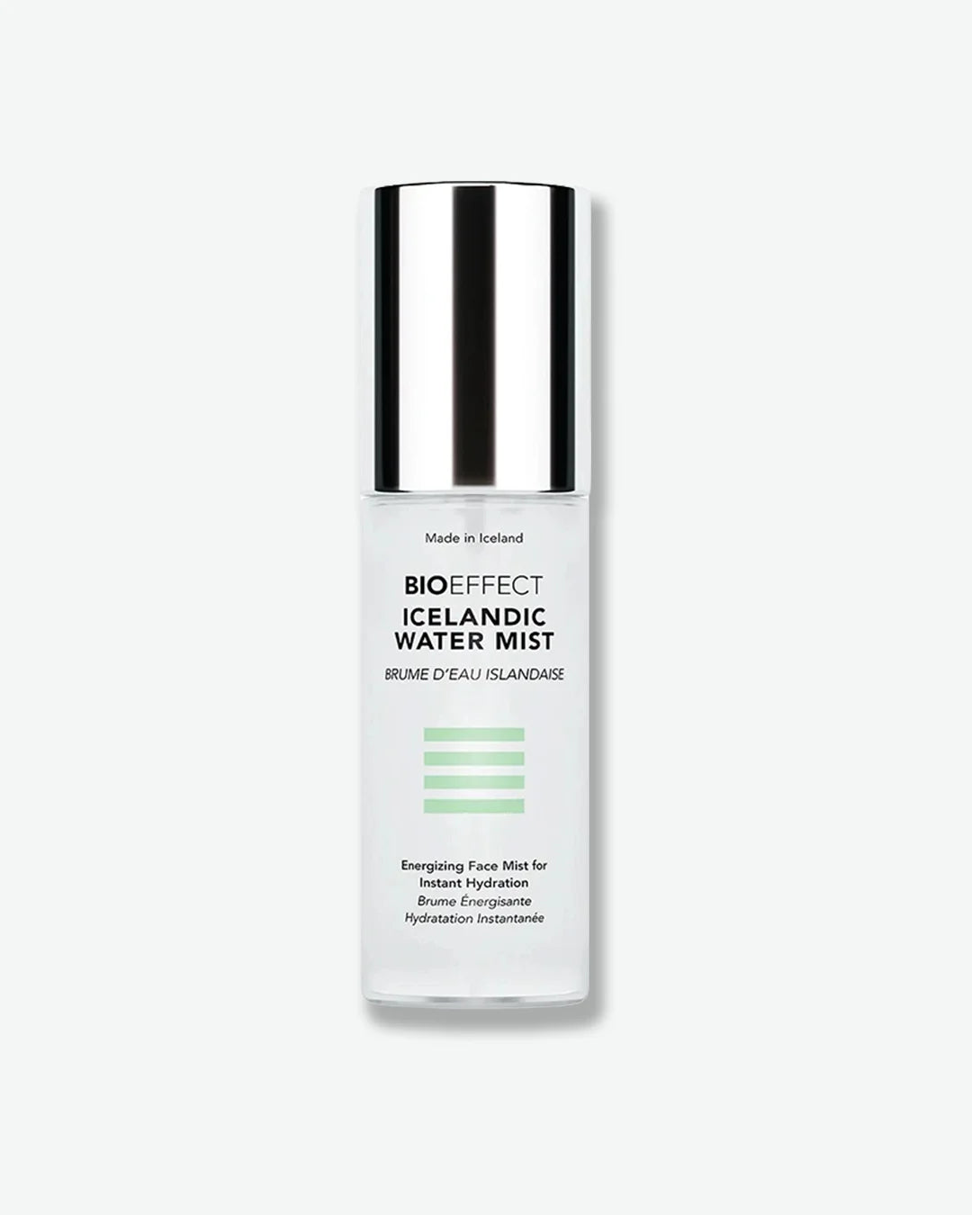 A white cylindrical bottle of BIOEFFECT Icelandic Water Mist with a metallic silver cap, centered against a plain light gray background.