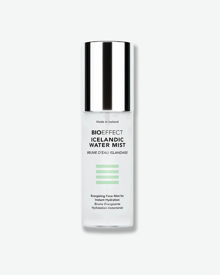 A white cylindrical bottle of BIOEFFECT Icelandic Water Mist with a metallic silver cap, centered against a plain light gray background.