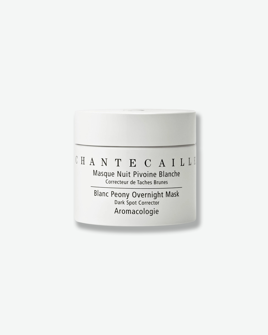 Front view of a Chantecaille Blanc Peony Overnight Mask jar against a plain gray background. The cylindrical cosmetic jar has a clean, matte white finish with the brand name, product title, and "Aromacologie" collection printed in black text.