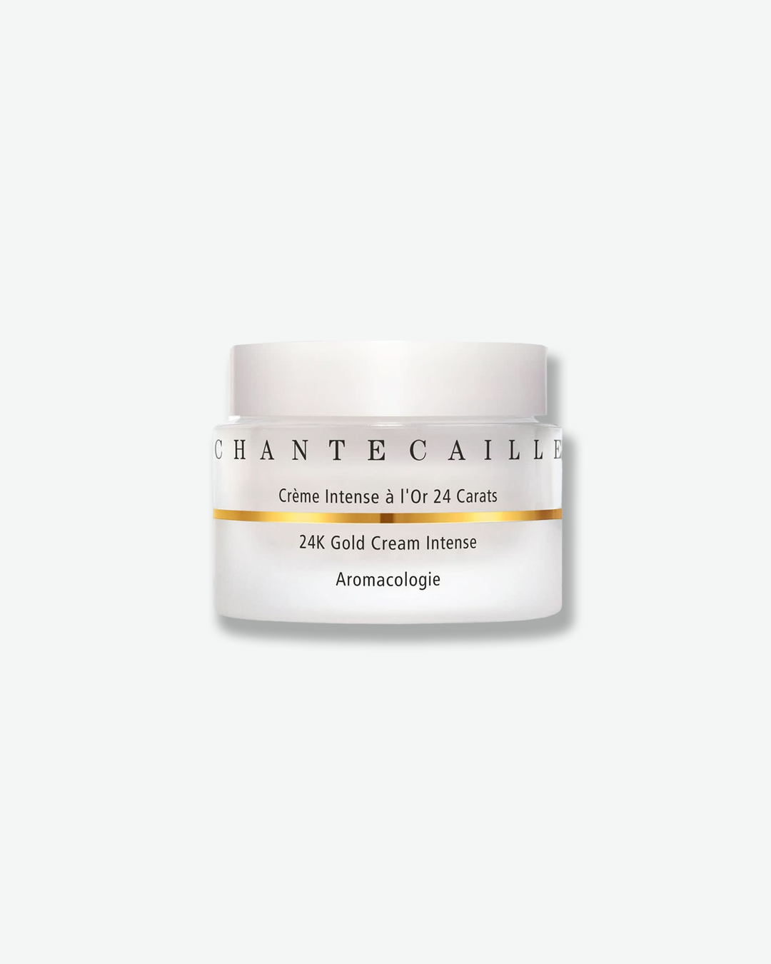 Front view of a Chantecaille 24K Gold Cream Intense jar against a plain gray background. The frosted white glass jar is accented by a thin, horizontal metallic gold stripe running through the center, below the black brand name and above the product description, and is topped with a matte white cap.
