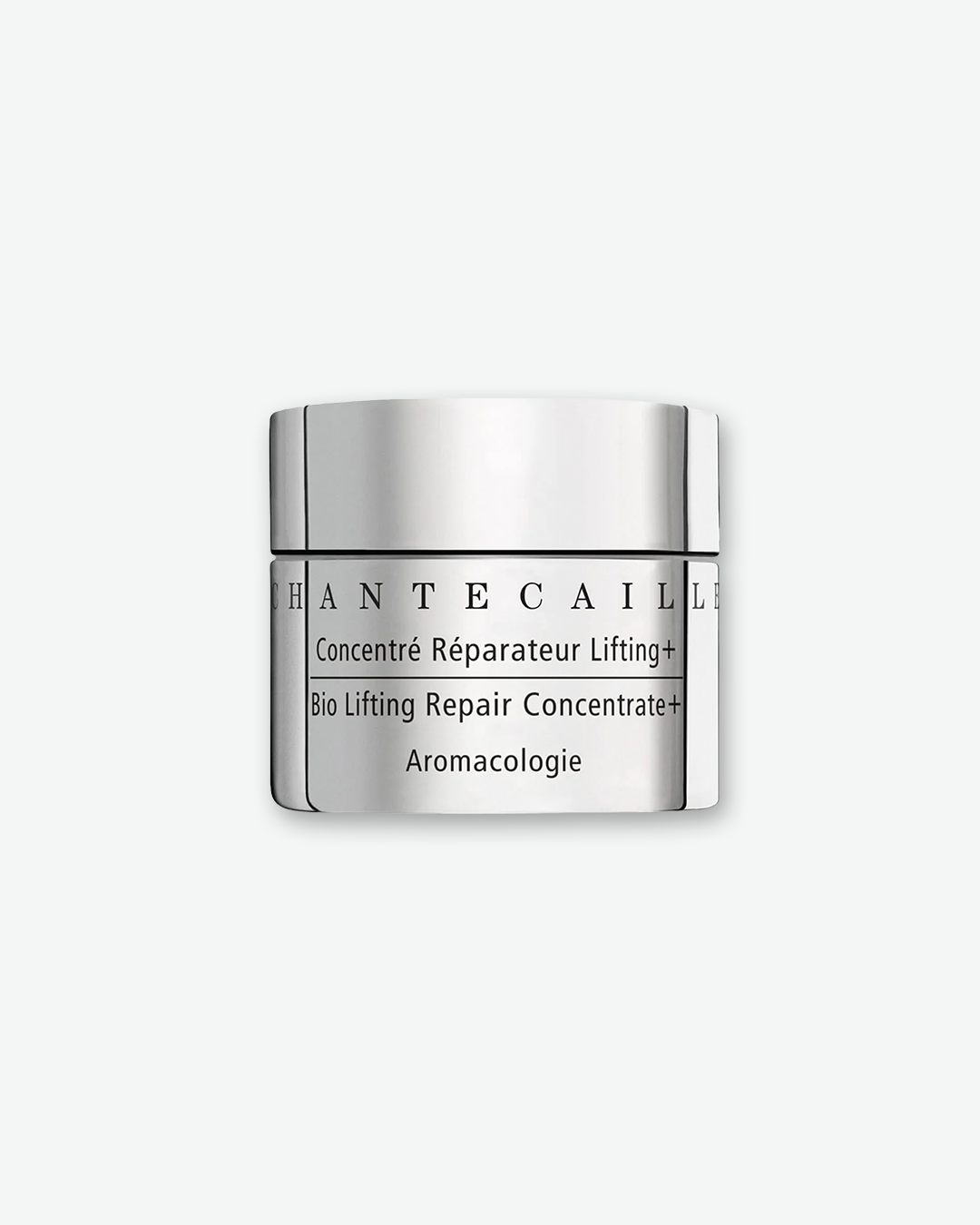 Chantecaille Bio Lifting Repair Concentrate+ in a sleek, fully metallic silver skincare jar with a matching silver screw-top lid.