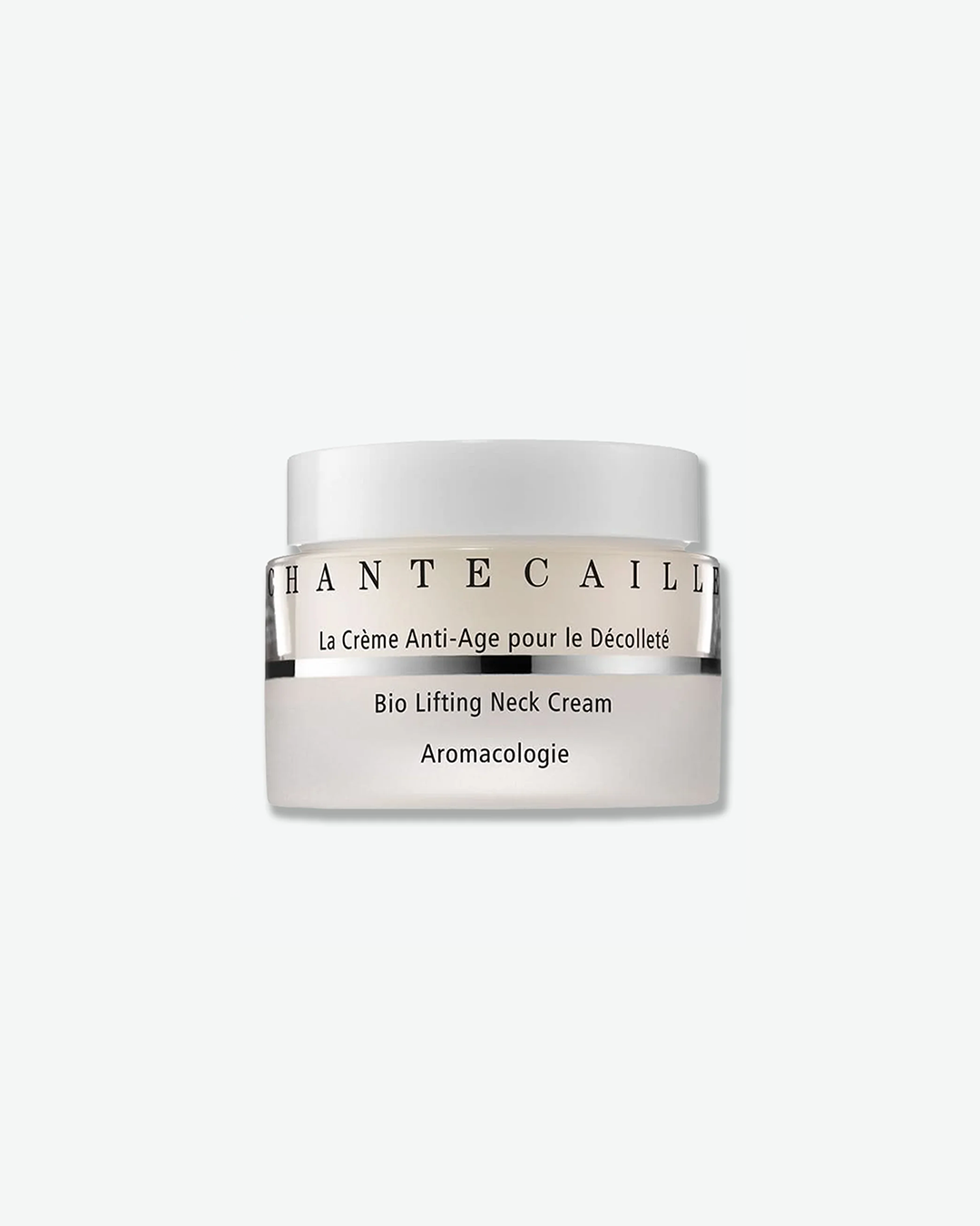 Chantecaille Bio Lifting Neck Cream anti-aging treatment in a frosted glass skincare jar with white lid and a prominent metallic silver line accent.