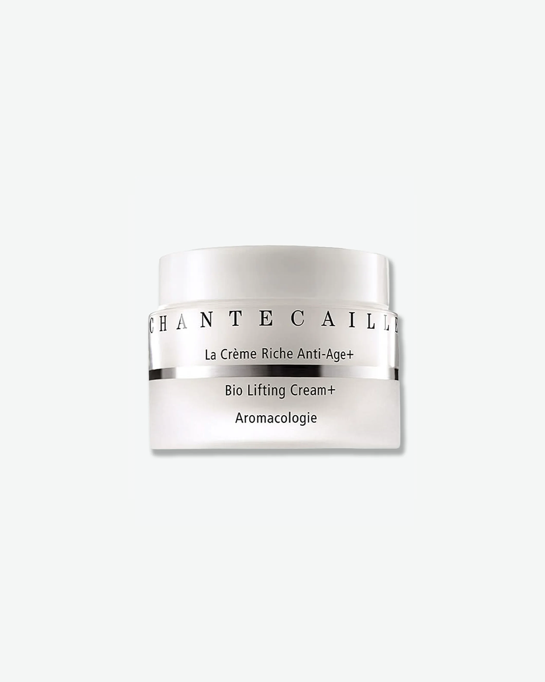 Chantecaille Bio Lifting Cream+ rich anti-aging formula in an frosted glass jar with white lid and a prominent metallic silver line accent.