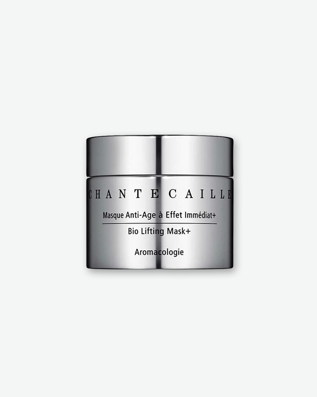 Chantecaille Bio Lifting Mask+ anti-aging treatment in a sleek, fully metallic gunmetal silver skincare jar with a matching silver screw-top lid.