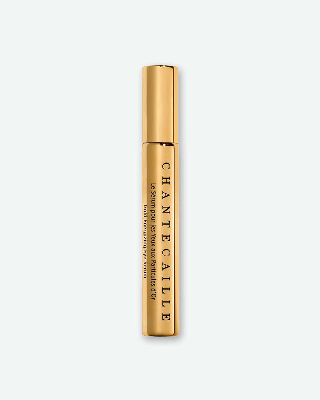 A vertical, studio product shot of the Chantecaille Gold Energizing Eye Serum in a sleek, capped gold metallic tube against a clean light grey background.