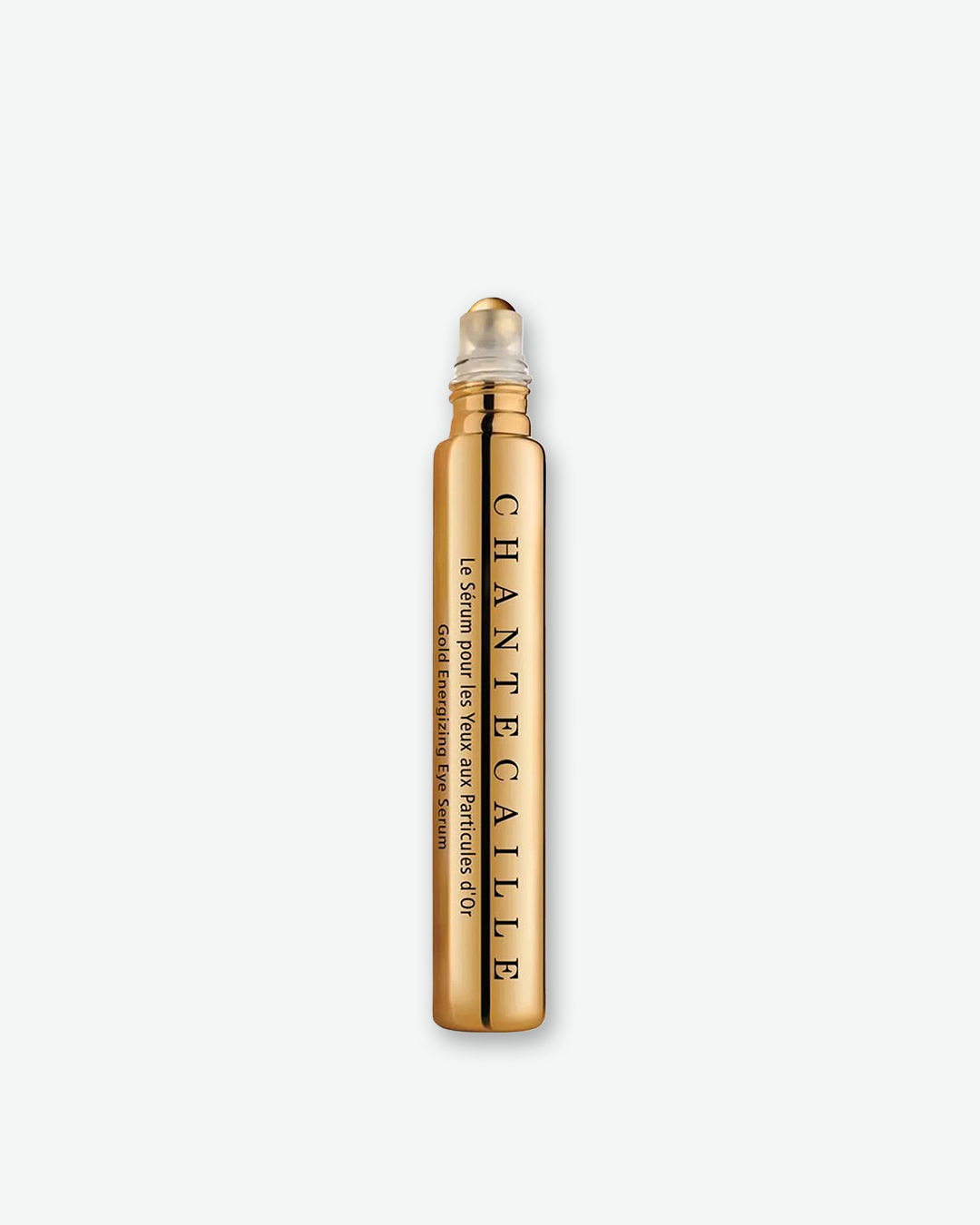 A vertical studio shot of the Chantecaille Gold Energizing Eye Serum standing upright without its cap, revealing the clear rollerball applicator tip.