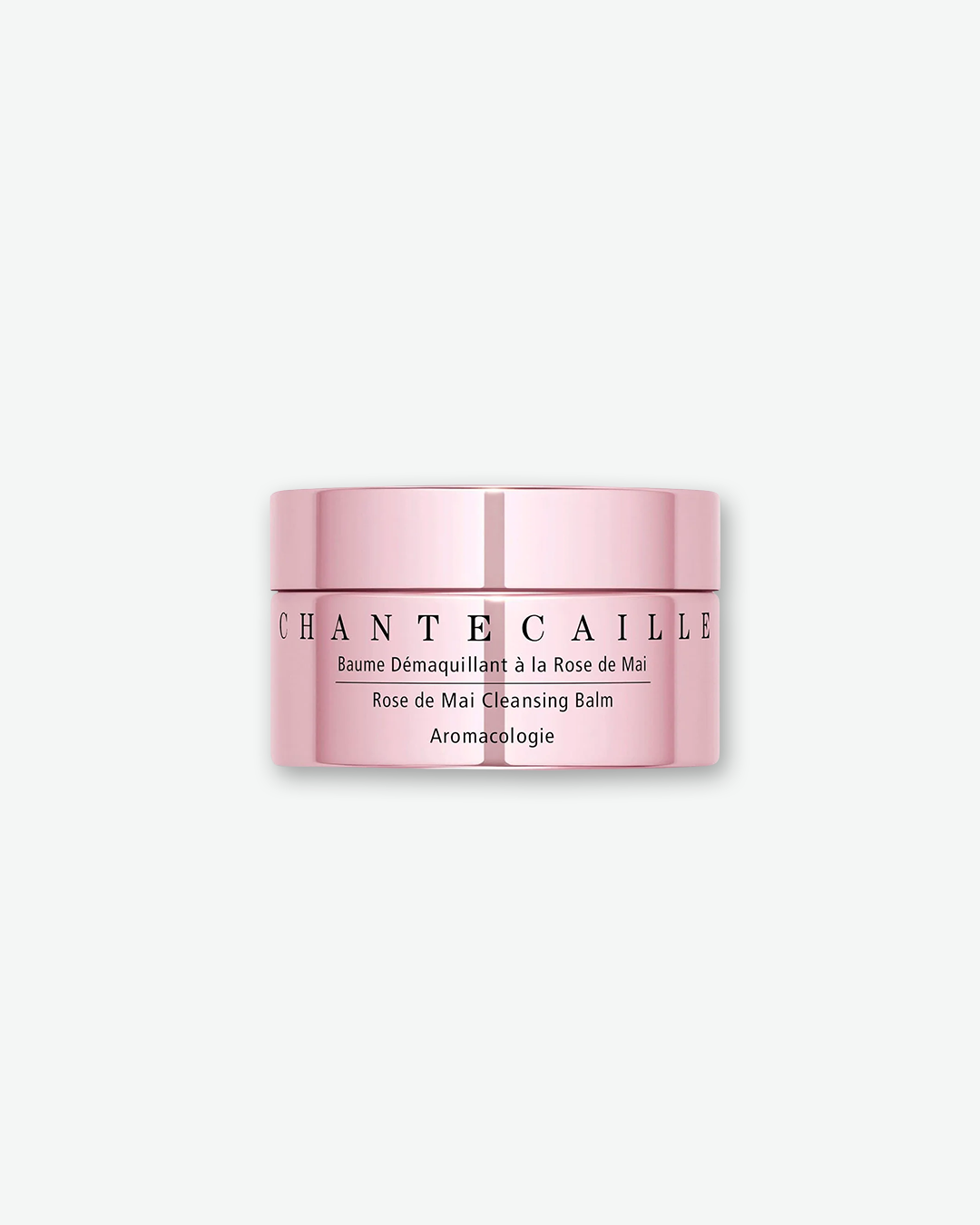Chantecaille Rose de Mai Cleansing Balm in a metallic pastel pink skincare jar with a matching pink screw-top lid.