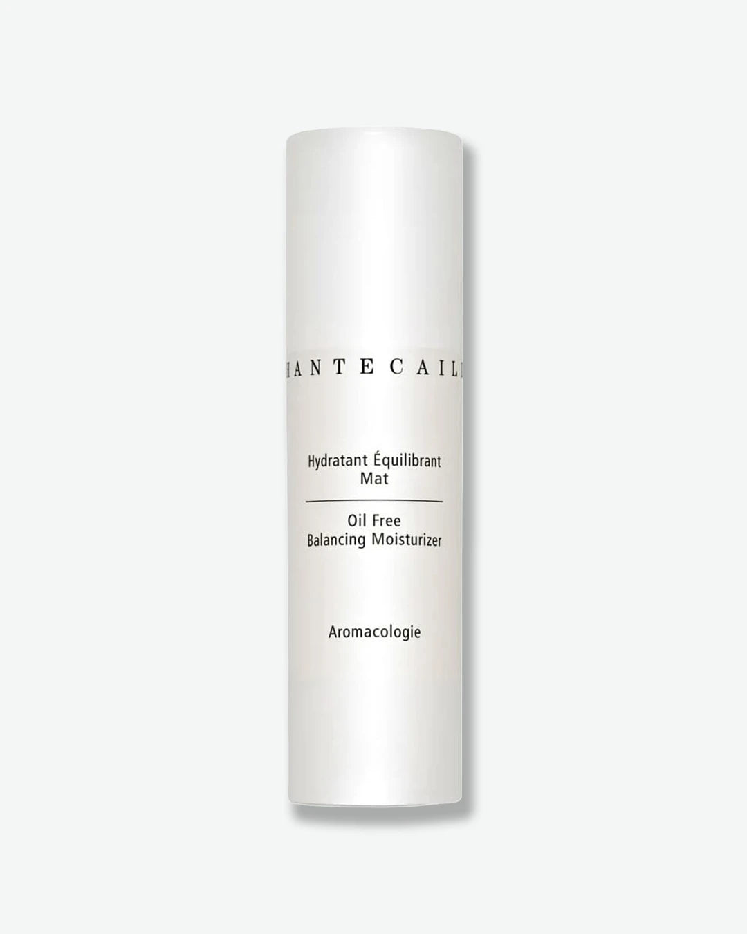 White skincare bottle with text on a white background