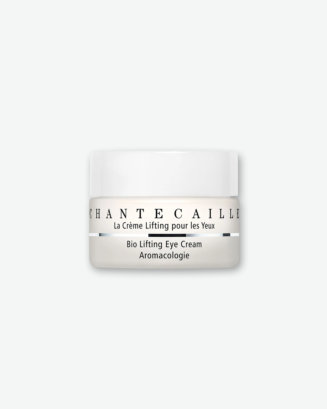 Chantecaille Bio Lifting Eye Cream, a luxurious anti-aging eye treatment in a frosted ivory glass jar with a white lid and silver accent band. The front label features the Chantecaille logo and product name, displayed against a light gray background.