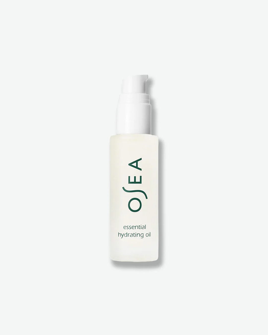 A vertical product shot of OSEA Essential Hydrating Oil. The clear oil is housed in a slim frosted glass bottle with a white pump dispenser. The dark green OSEA logo and product details are cleanly printed on the front.