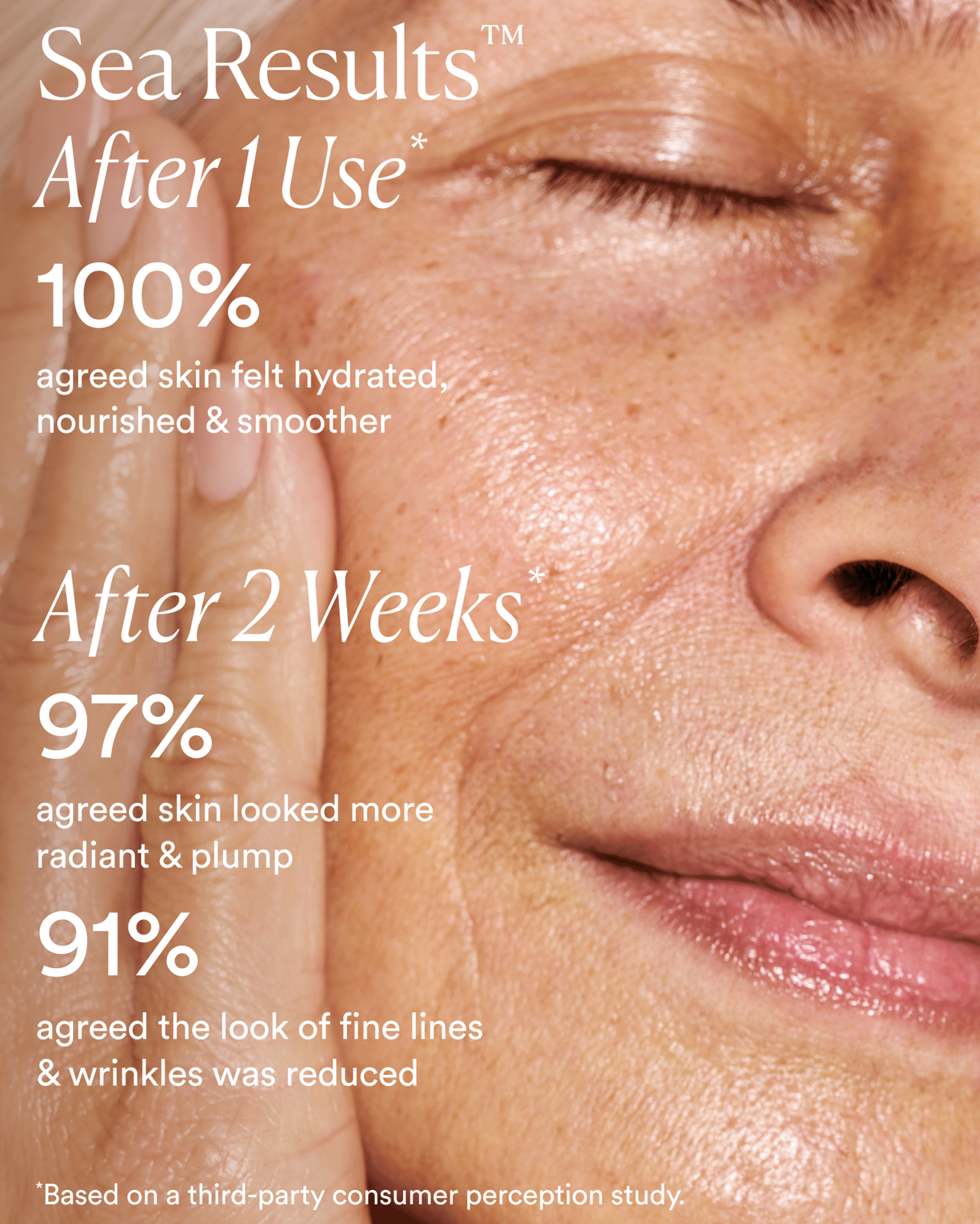 Close-up of a smiling woman's face with text showcasing user study results for skin hydration and radiance under the title "Sea Results."