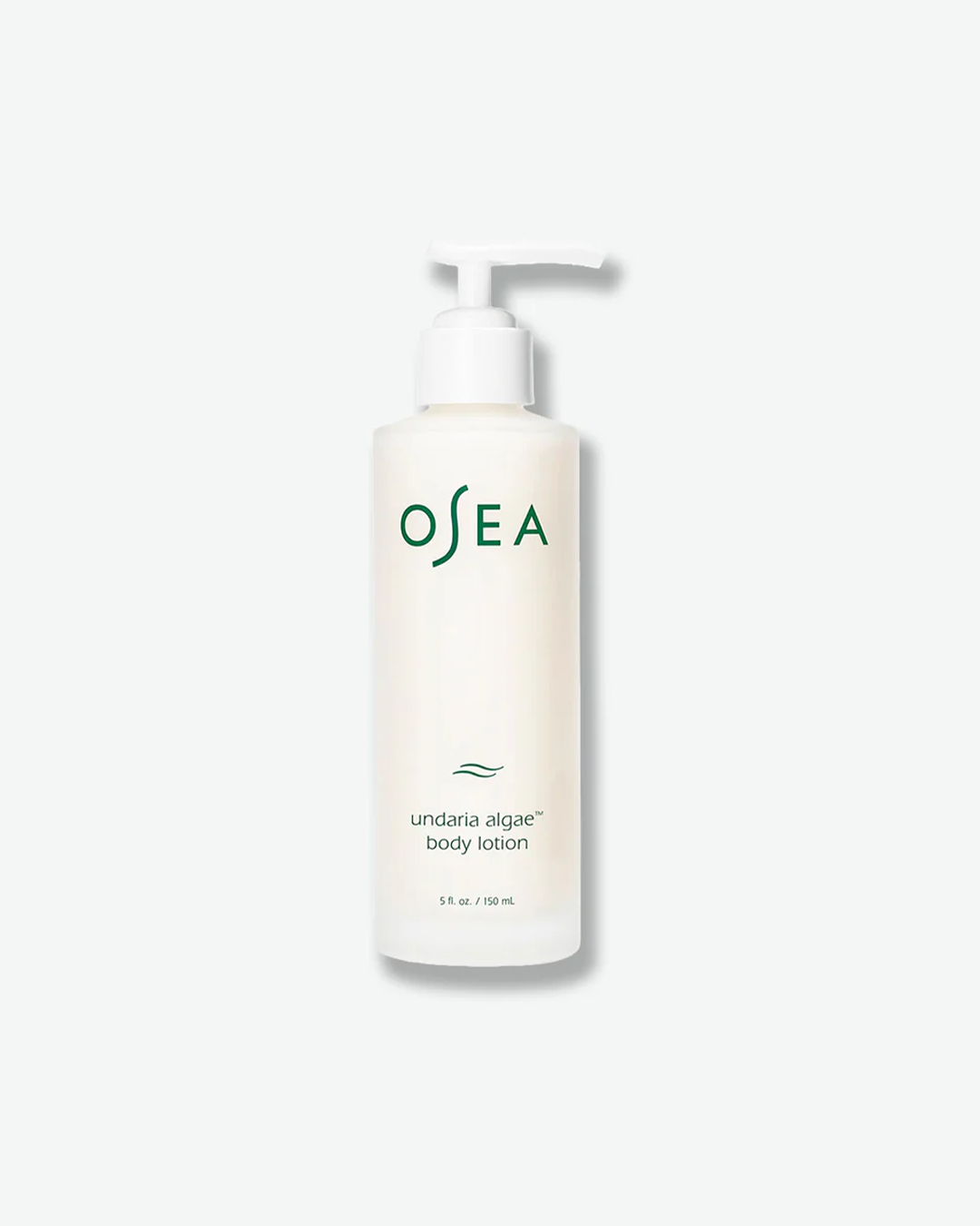 A vertical product shot of OSEA Undaria Algae Body Lotion. The opaque white lotion fills a cylindrical frosted glass bottle with a white pump cap, accented by dark green text and a subtle dual-wave icon.