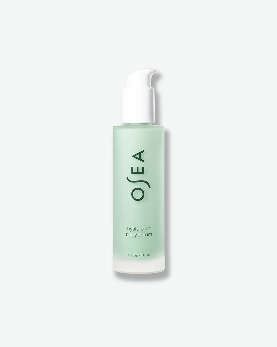 A vertical product shot of OSEA Hyaluronic Body Serum in a 4 fl. oz. (118 ml) bottle. The seafoam-green serum is visible through the tall, slim frosted glass container, which is topped with a solid white pump dispenser. The dark green OSEA brand logo and minimalist text are printed vertically down the front.