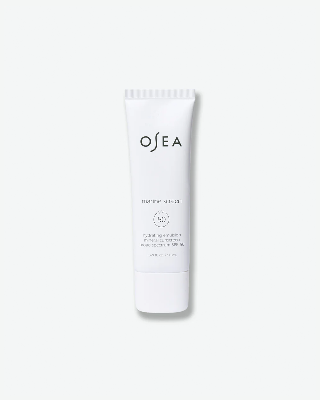 A vertical product shot of OSEA Marine Screen Hydrating Emulsion Mineral Sunscreen Broad Spectrum SPF 50. The sunscreen is housed in a clean, matte white squeeze tube with a matching white screw cap. Minimalist black typography outlines the brand name and product details on the front.