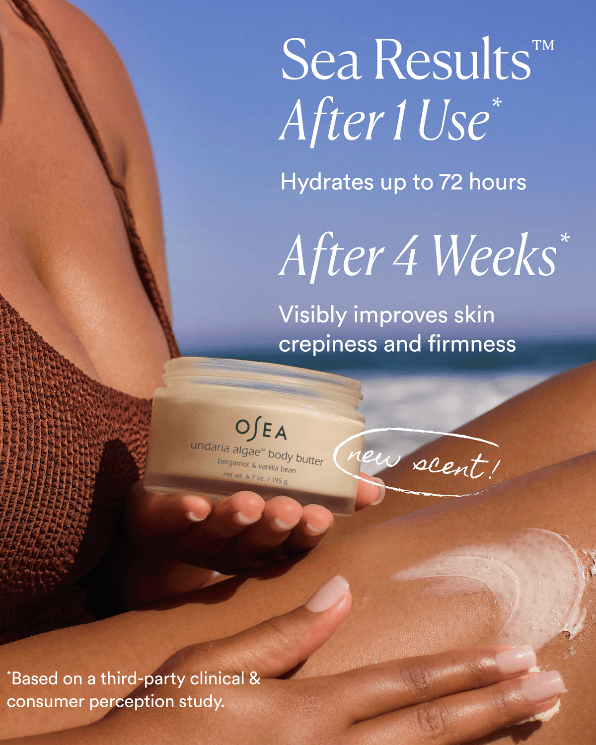 OSEA Undaria Algae Body Butter being applied to skin, highlighting up to 72 hours of hydration after one use and visibly improved crepiness and firmness after four weeks.