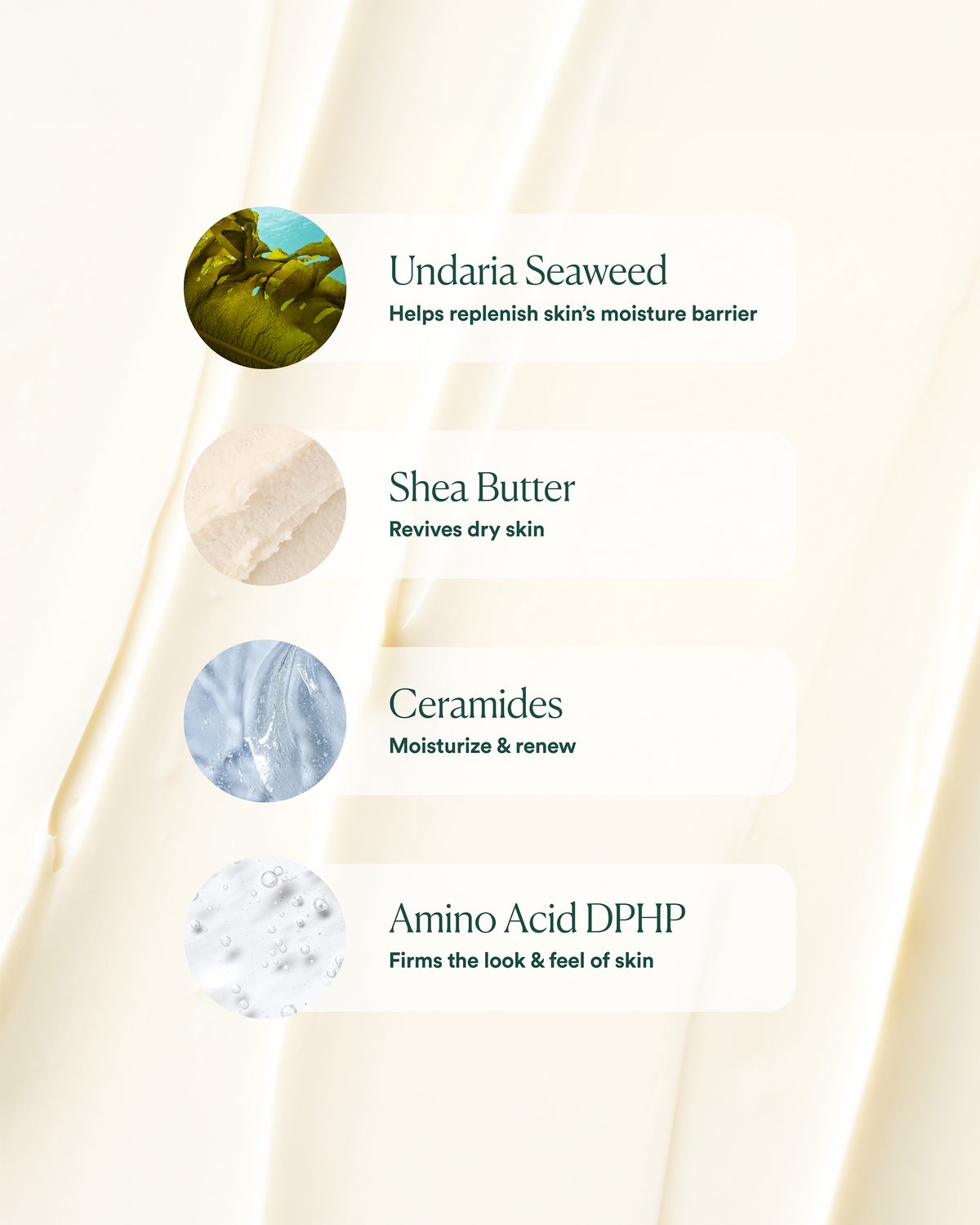 OSEA Undaria Algae Body Butter key ingredients, featuring Undaria Seaweed, Shea Butter, Ceramides, and Amino Acid DPHP with their skin benefits.