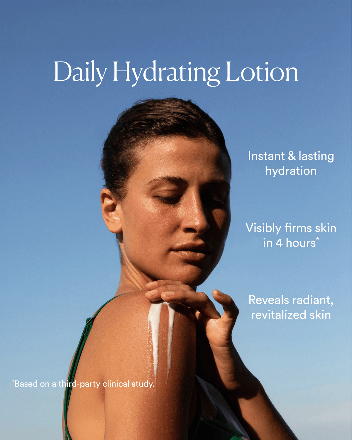 Woman applying OSEA Undaria Algae Body Lotion to her shoulder against a blue sky, highlighting lasting hydration, firmer-looking skin, and a radiant complexion.