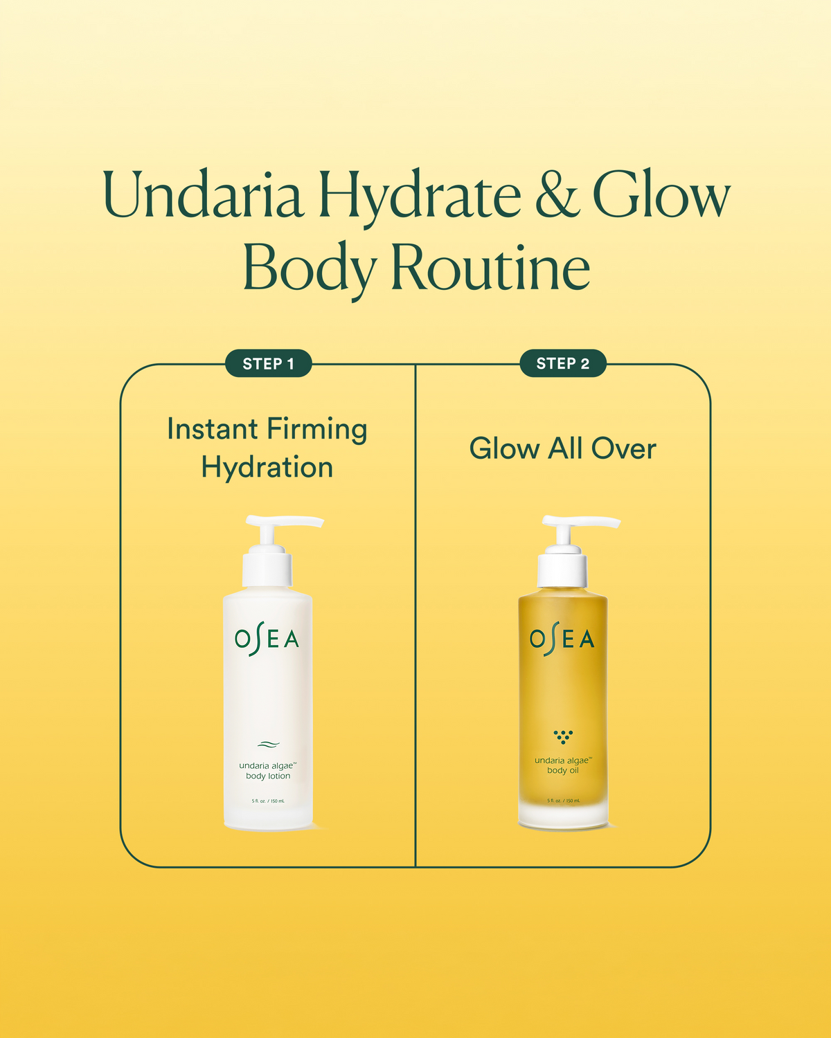 OSEA Undaria Hydrate & Glow Body Routine infographic featuring Undaria Algae Body Lotion for firming hydration and Undaria Algae Body Oil for an all-over glow.