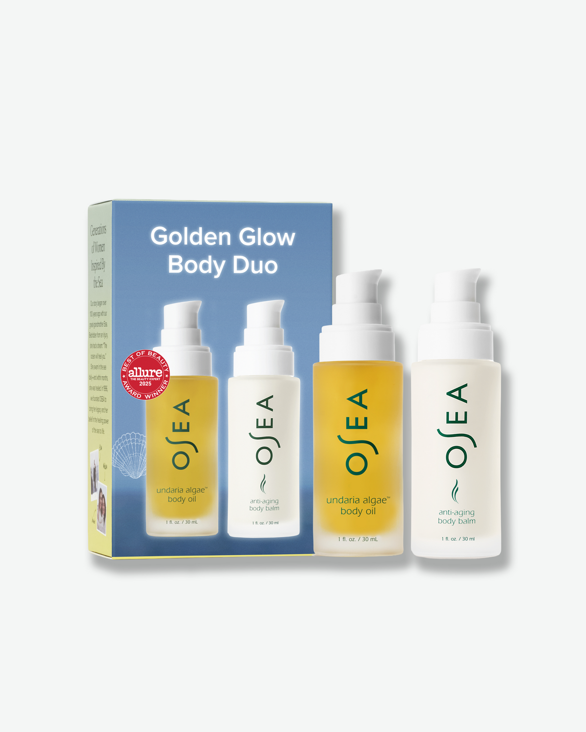OSEA Golden Glow Body Duo featuring Undaria Algae Body Oil and Anti-Aging Body Balm alongside the blue gift set box.