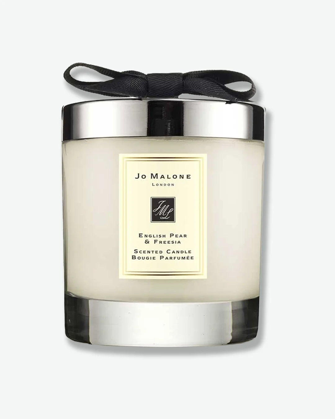 Jo Malone English Pear & Freesia scented candle in a glass jar with silver lid and a black ribbon on a white background