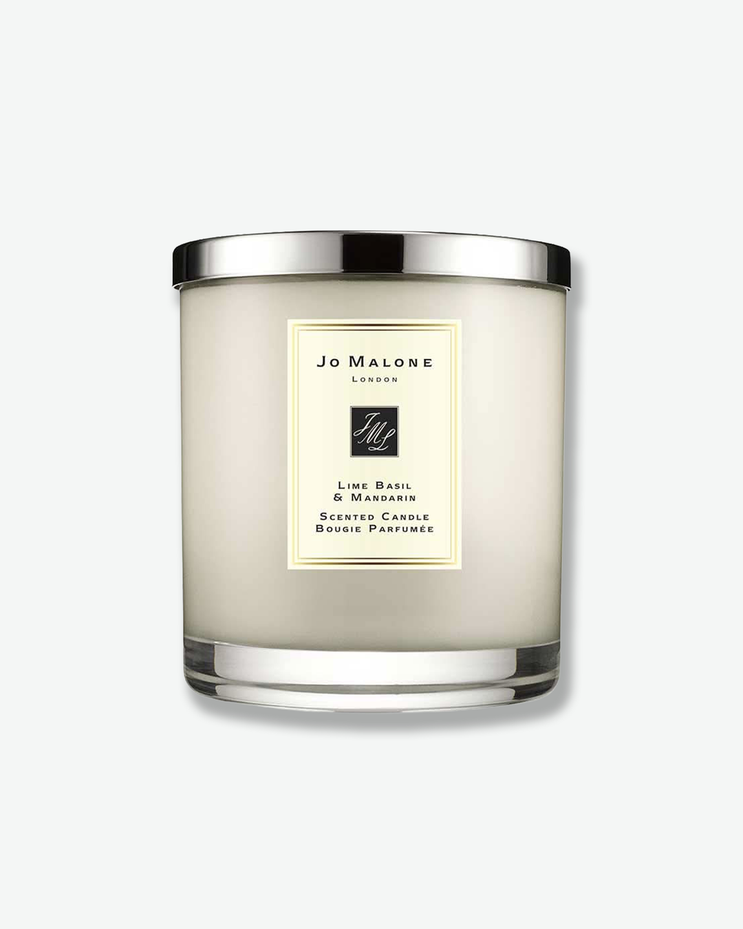 Jo Malone candle with a silver lid on a white background