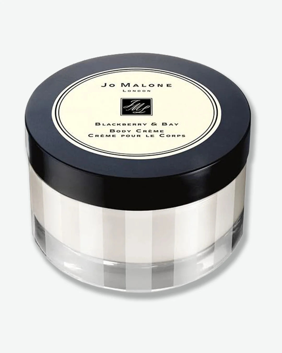 A frosted glass jar of Jo Malone London Blackberry & Bay Body Creme with  faint vertical stripes and a black lid.