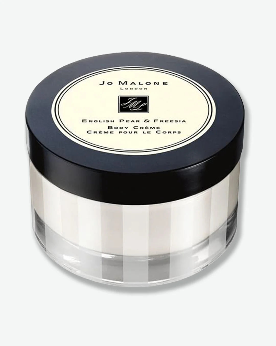 A frosted glass jar of Jo Malone London English Pear & Freesia Body Creme with  faint vertical stripes and a black lid.