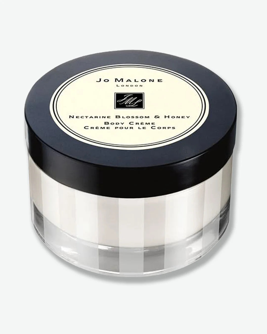 Jo Malone body cream jar with black lid on a white background