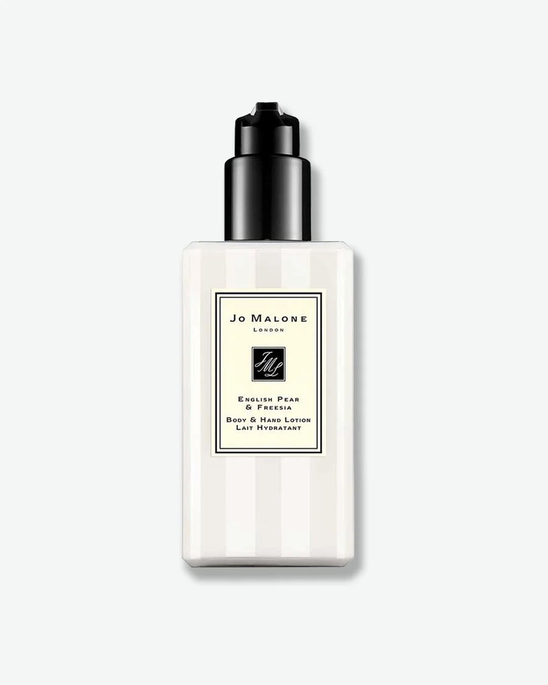 A bottle of Jo Malone London English Pear & Freesia Body & Hand Lotion, featuring a frosted glass bottle with faint vertical stripes and a black pump dispenser.