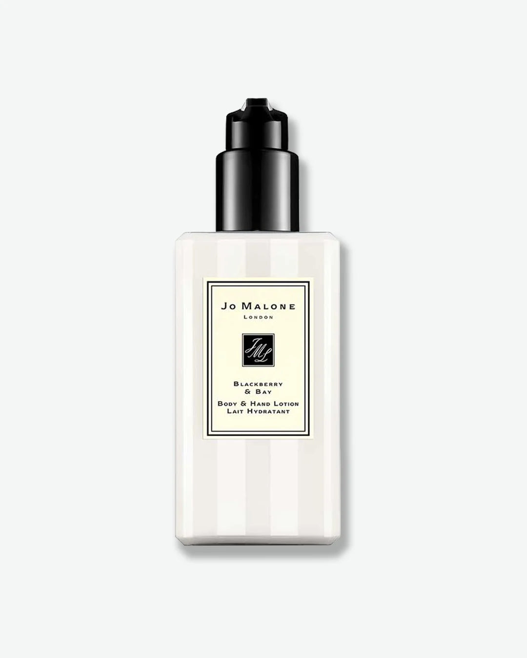 A bottle of Jo Malone London Blackberry & Bay Body & Hand Lotion, featuring a frosted glass bottle with faint vertical stripes and a black pump dispenser.